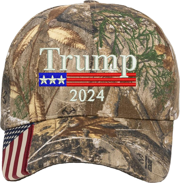 Trump 2024 US Flag Embroidered Realtree Camo Structured Adjustable One Size Fits All Hat