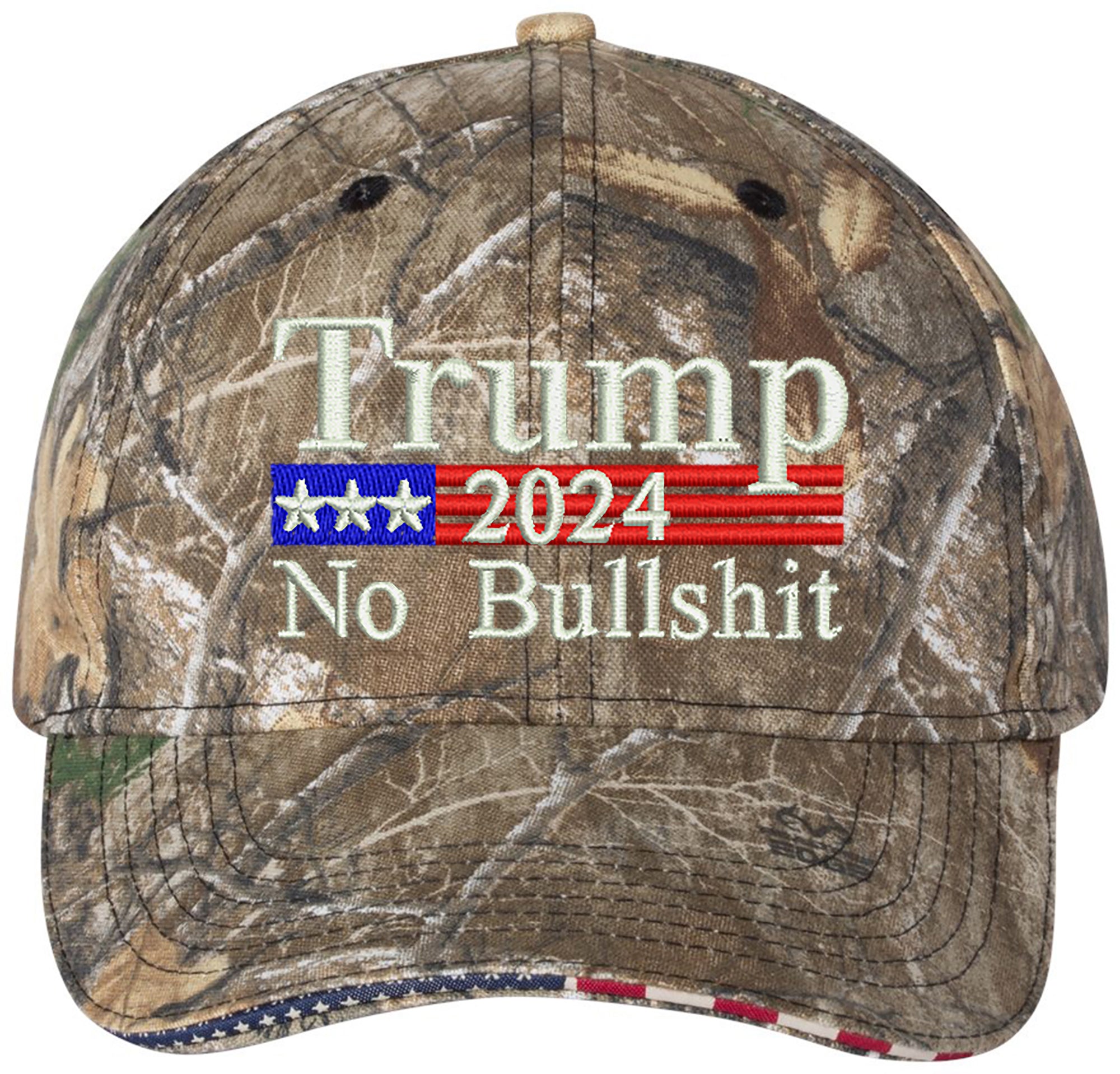 Trump 2024 US Flag No Bullshit Embroidered Realtree Camo Structured Adjustable One Size Fits All Hat