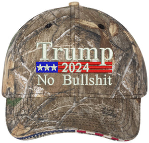 Trump 2024 US Flag No Bullshit Embroidered Realtree Camo Structured Adjustable One Size Fits All Hat