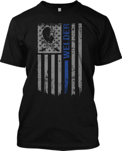 Welder Thin Blue Line Flag Patriotic T Shirt USA Tee