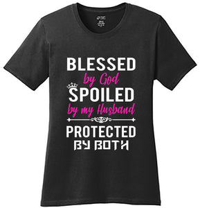 Funny Blessed by God Spoiled by Husband Wife Mom Humor T Shirt New Graphic Tee